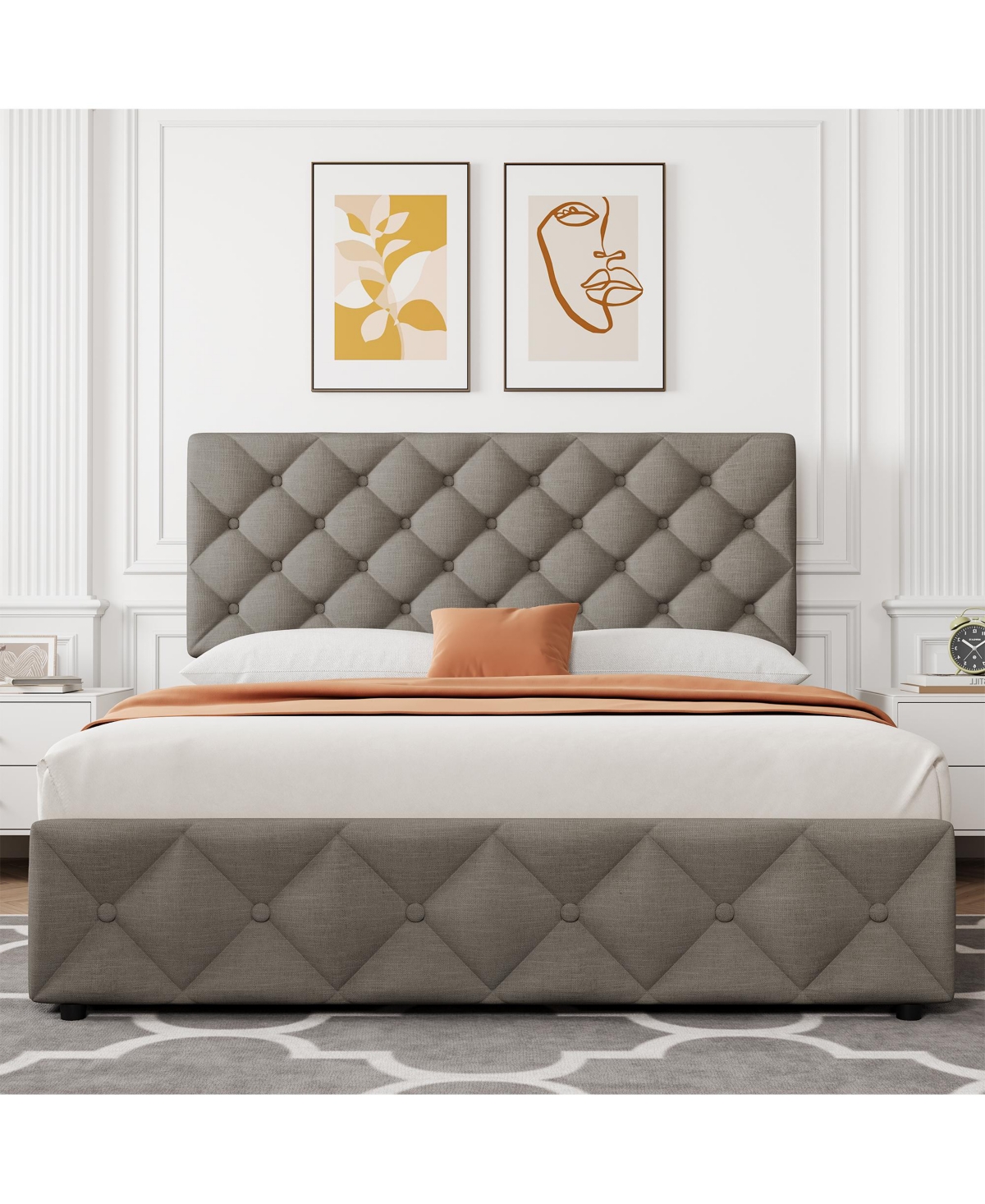 homfan Upholstered Platform Bed Frame with 4 Storage Drawers and Adjustable Diamond-Tufted Headboard