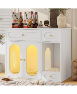 Modern Green Cat Litter Box Cabinet, LED Hidden Cat House with Storage Drawers