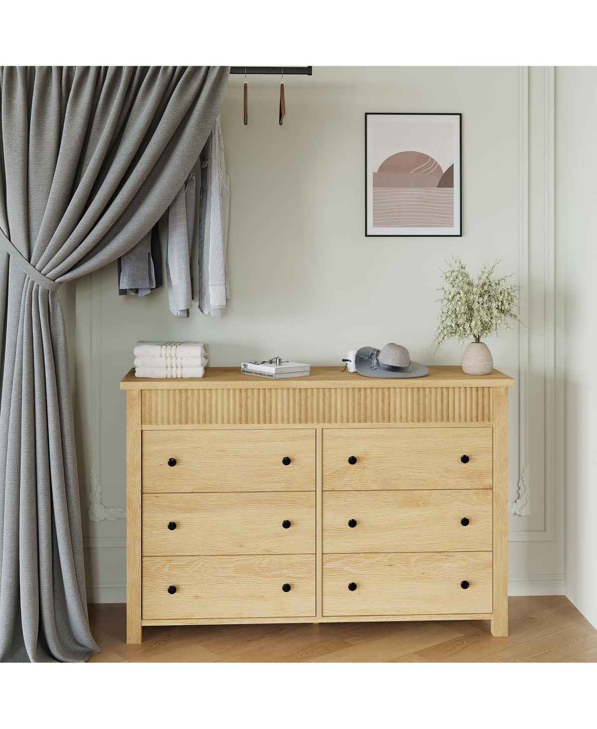 gaomon 6 Drawer Fluted Dresser for Bedroom, Wooden Storage Chest with Deep Drawers, Modern Tv Stand Organizer