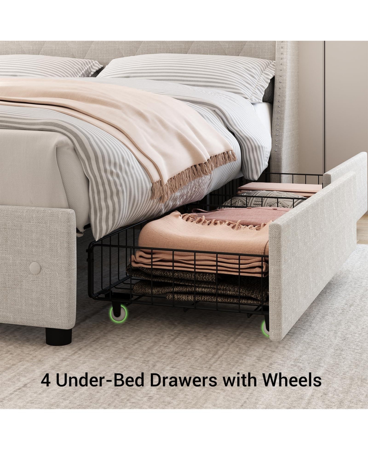 gaomon Upholstered Bed Frame with 4 Drawers, Charging Station and Wingback Headboard
