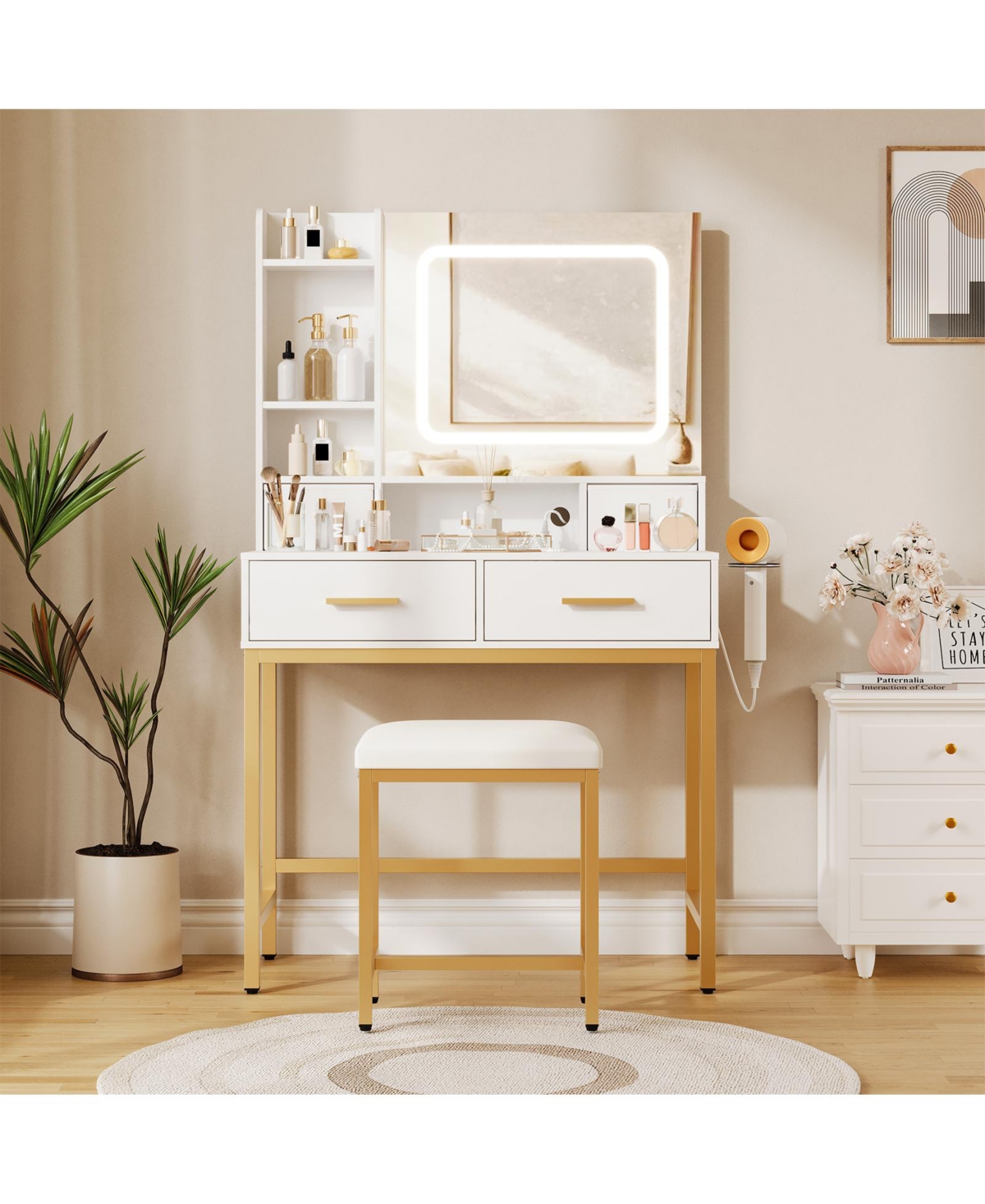 Homfan Makeup Vanity Desk with 3-Color Lights, 4 Drawers, 2 Shelves, Built-In Charging Station, Led Table for Bedroom, Dressing Room