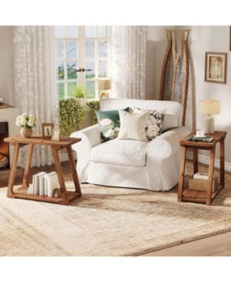 Solid Wood End Table Set of 2, 2-Tier Narrow Side Table for Living Room, Bedroom, Easy Assembly