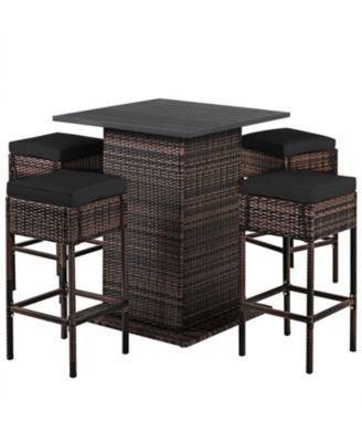 5-Piece Outdoor PE Rattan Patio Bar Set with 4 Cushioned Stools and Hidden Storage Shelf