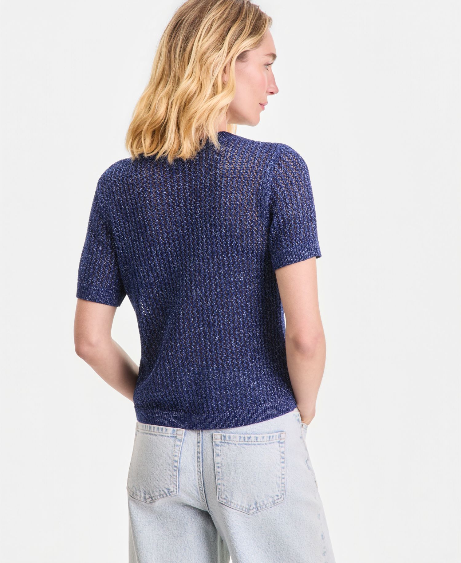 Women's Short-Sleeve Metallic Crochet Cardigan