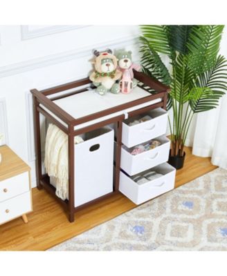 Wooden Baby Changing Table, Infant Diaper Changing Station Dresser with Laundry Hamper, 3 Drawer Basket and Changing Pad