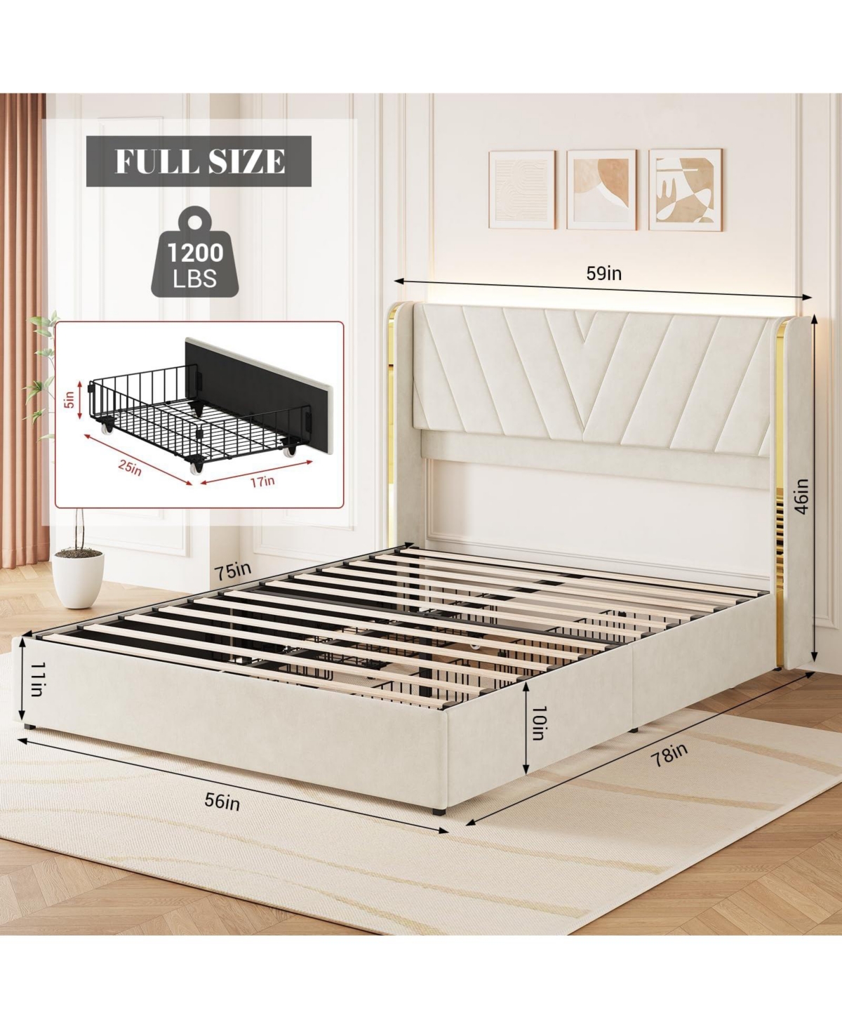 gaomon Velvet Upholstered Bed Frame with Led Lights, 4 Drawers, Wingback Headboard and Charging Station, No Box Spring