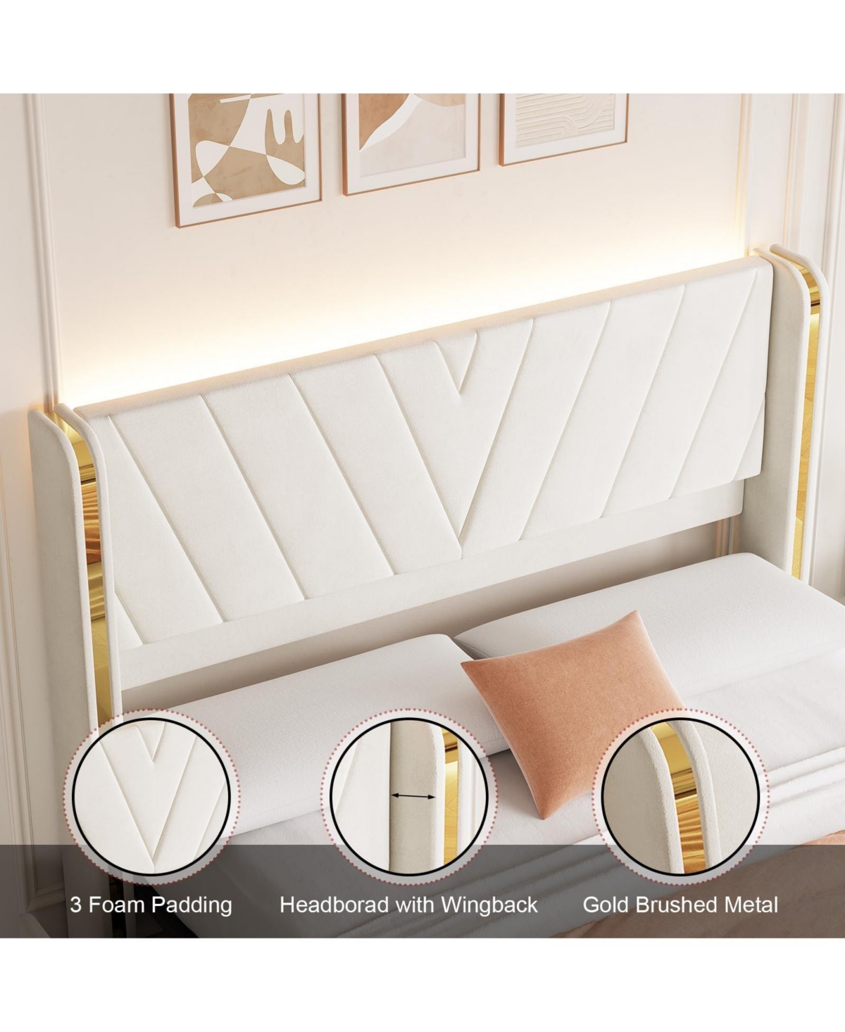 gaomon Velvet Upholstered Bed Frame with Led Lights, 4 Drawers, Wingback Headboard and Charging Station