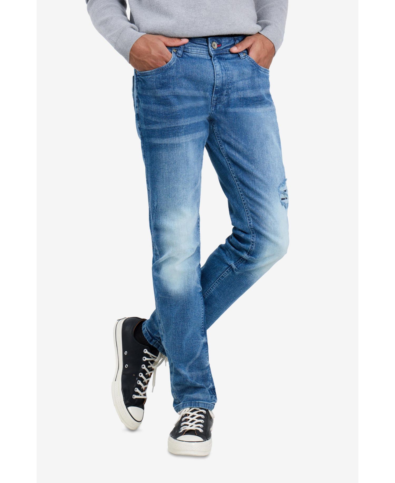 Men's Rip And Repair Neon Trims Slim Fit Stretch Jeans