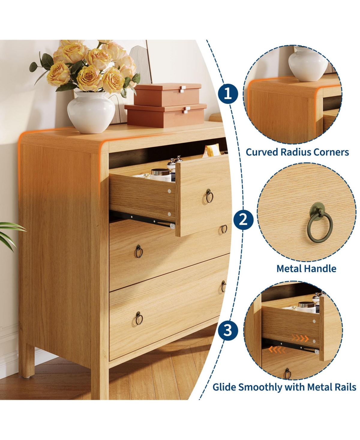 gaomon 3 Drawer Dresser for Bedroom, 30" Tall Storage Chest, Nightstand with Large Clothes Organizer
