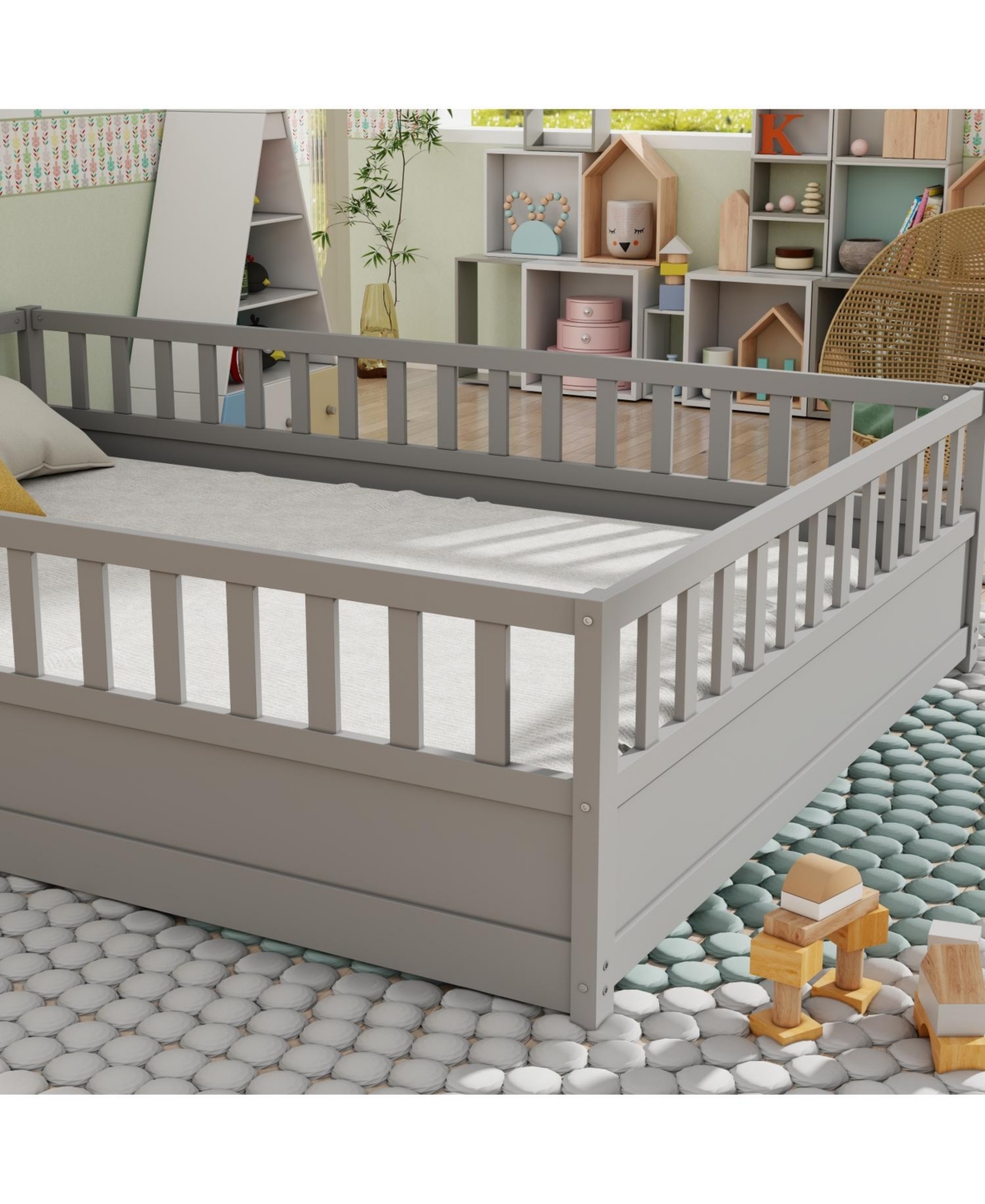 Rainsken Montessori Floor Bed, with Fence and Open Door, Children's Bed Frame