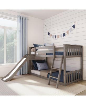 Twin Over Twin Low Bunk Bed with Slide, Solid Wood Kids Platform Bed with Guardrails