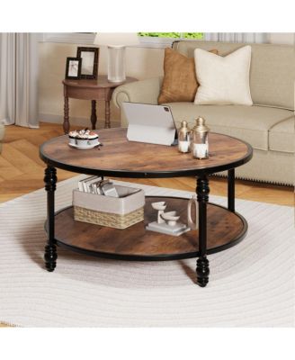 2-Tier Round Coffee Table - Rustic Wood Center Table with Storage Shelf, Modern Industrial Metal Legs, Easy Assembly