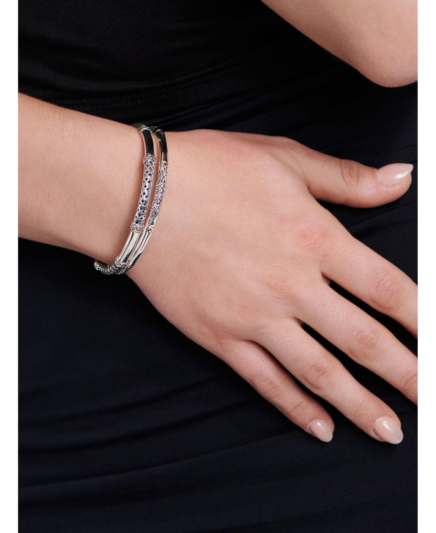 Dragon Bone Slide-on Bangle Bracelet in Sterling Silver and 18K Gold Accents