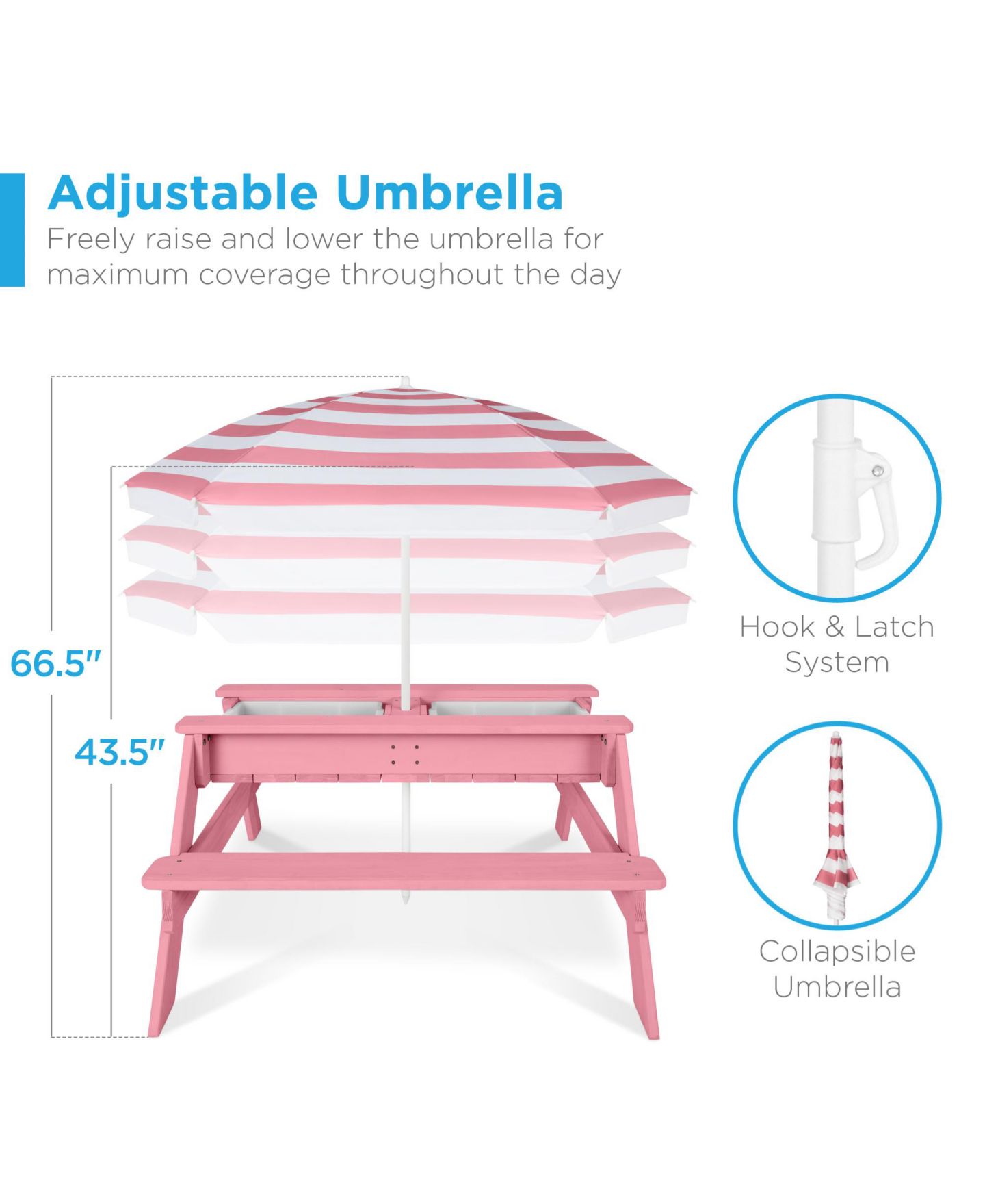 Детская игрушка Best Choice Products 3-in-1 Convertible Hemlock Picnic Table with Adjustable Umbrella, Seats 4, Ages 3+, цвет: Розовый — фото 6