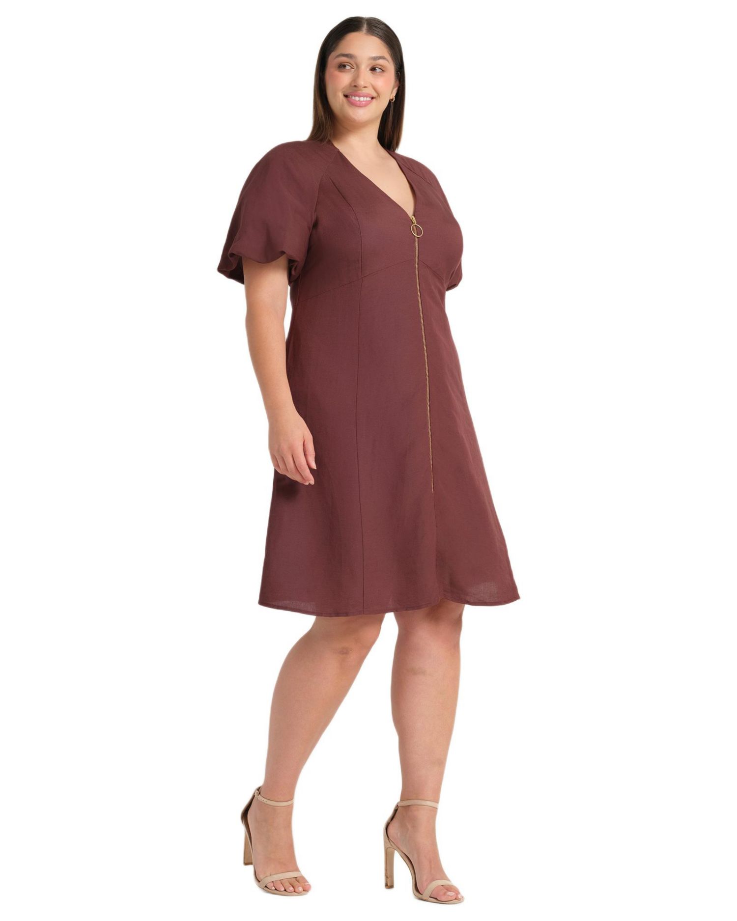 Women's Heather Linen Zip-Front Fit Flare Mini Dress