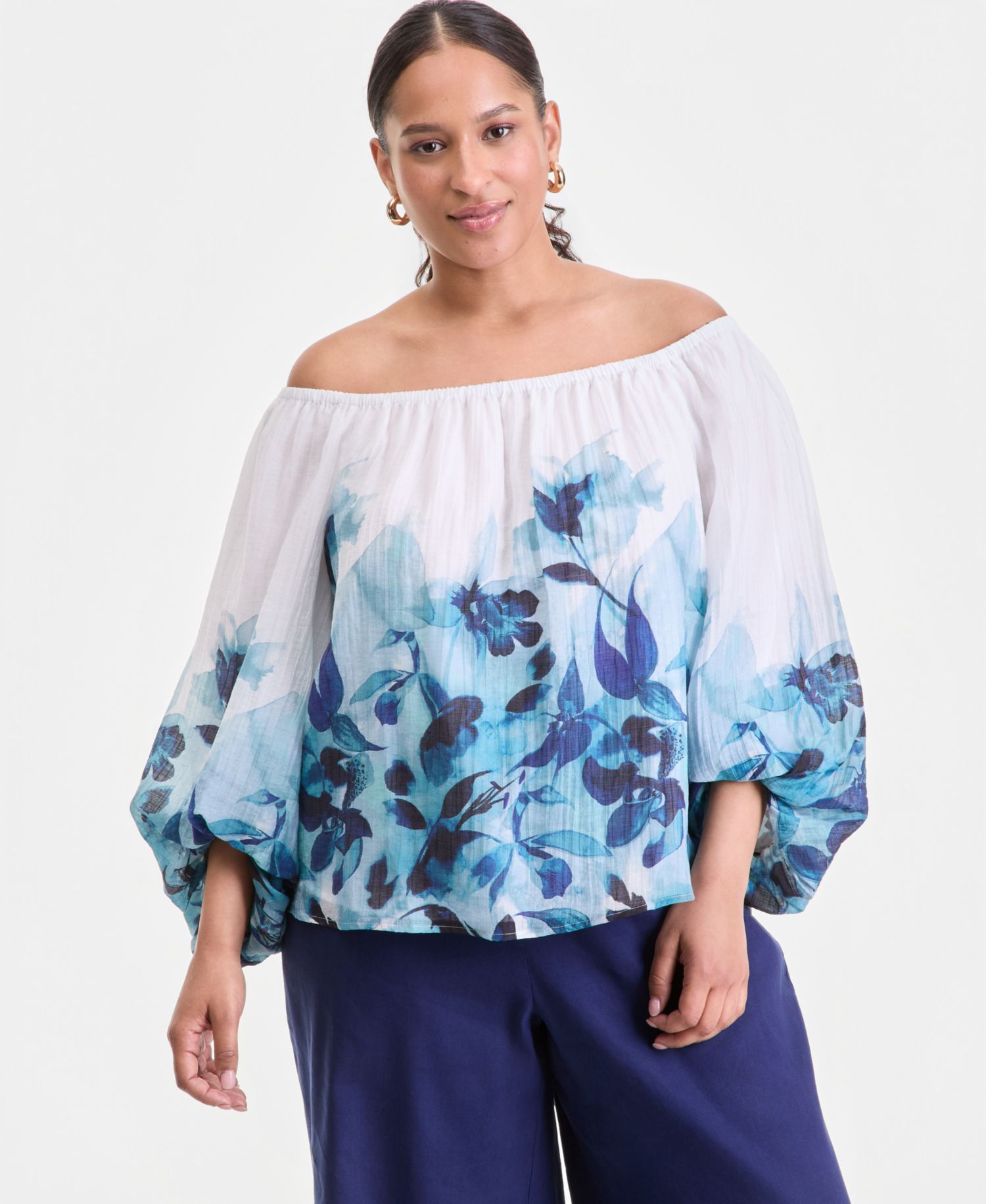 Plus Size Printed Off-The-Shoulder Puff-Sleeve Blouse