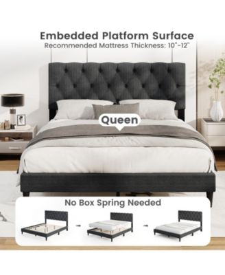 Platform Bed Frame with Upholstered Tufted Headboard and Slats