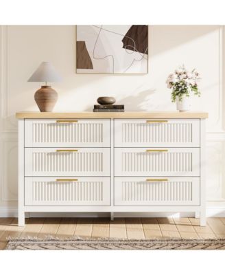 Fluted 6 Drawer Dresser for Bedroom, Rattan Chest of Dressers, Tall Dresser for Closet with Drawers