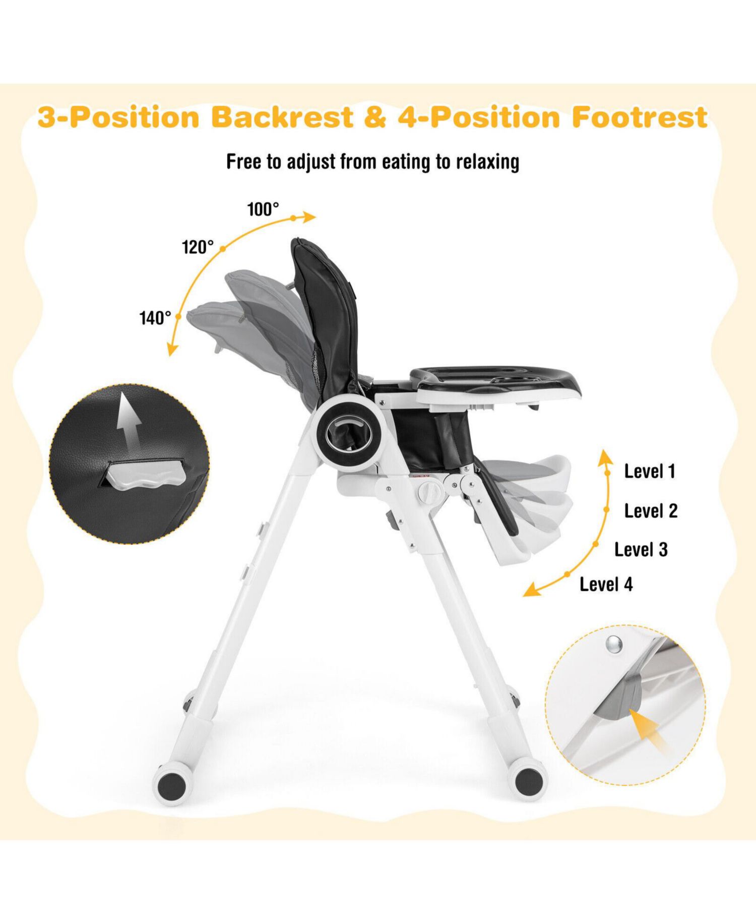 Baby Foldable High Chair with 4 Lockable Wheels and Double Tray