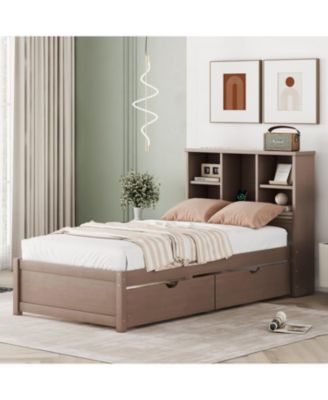 Twin Size Storage Bed, with Bookcase Headboard and 2 Drawers, Built-in USB Port, for Kids Teens Adults, No Box Spring Needed