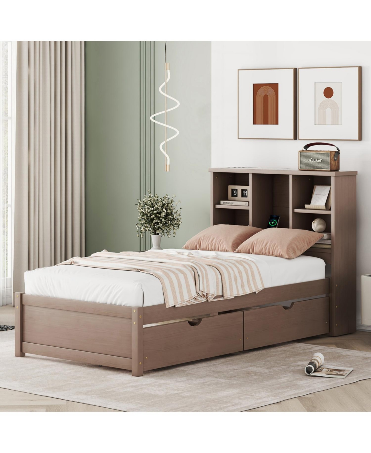 Rainsken Twin Storage Bed, with Bookcase Headboard and 2 Drawers, Built-in Usb Port, for Kids Teens Adults, No Box Spring Needed