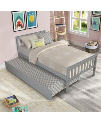 Twin Bed with Trundle, Wood Platform Bed Frame with Headboard and Footboard, No Box Spring Needed for Kids Boys Girls Teens