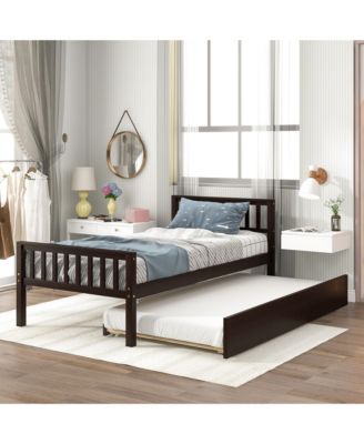 Twin Bed with Trundle, Wood Platform Bed Frame with Headboard and Footboard, No Box Spring Needed for Kids Boys Girls Teens