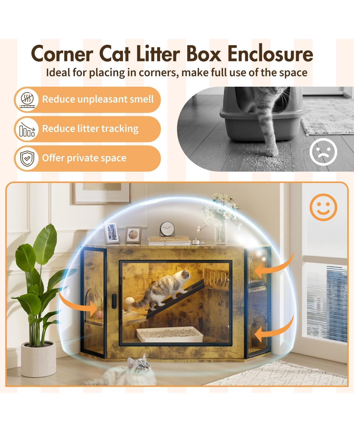 6thdruple 48"Corner Cat Litter Box Enclosure, Modern Cabinet with Led, Acrylic Door, Play Area