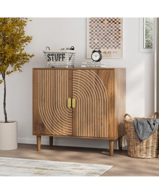Wood Buffet Cabinet Line Groove Sideboard Storage For Living Room Entryway