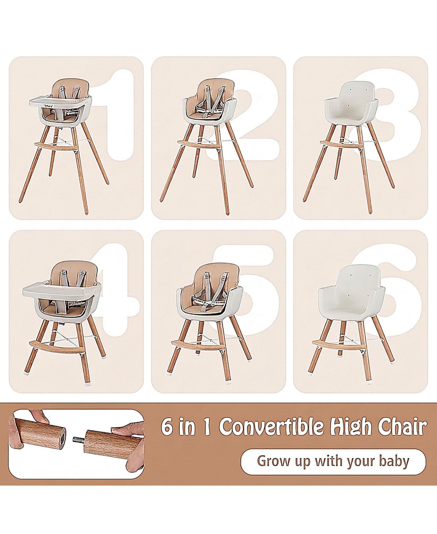 Baby 6-in-1 Convertible Wooden High Chair with Detachable Legs