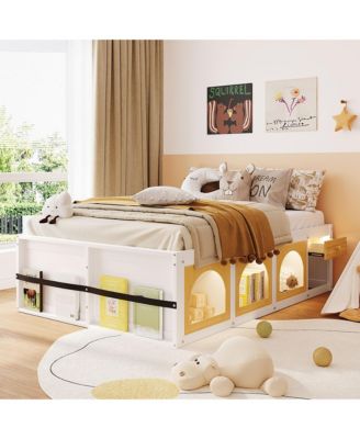 Full Size Platform Bed, Modern Wooden Bed Frame with Bookshelf, Side Display Cabinet, LED Light and Storage Drawer for Kids and Teens
