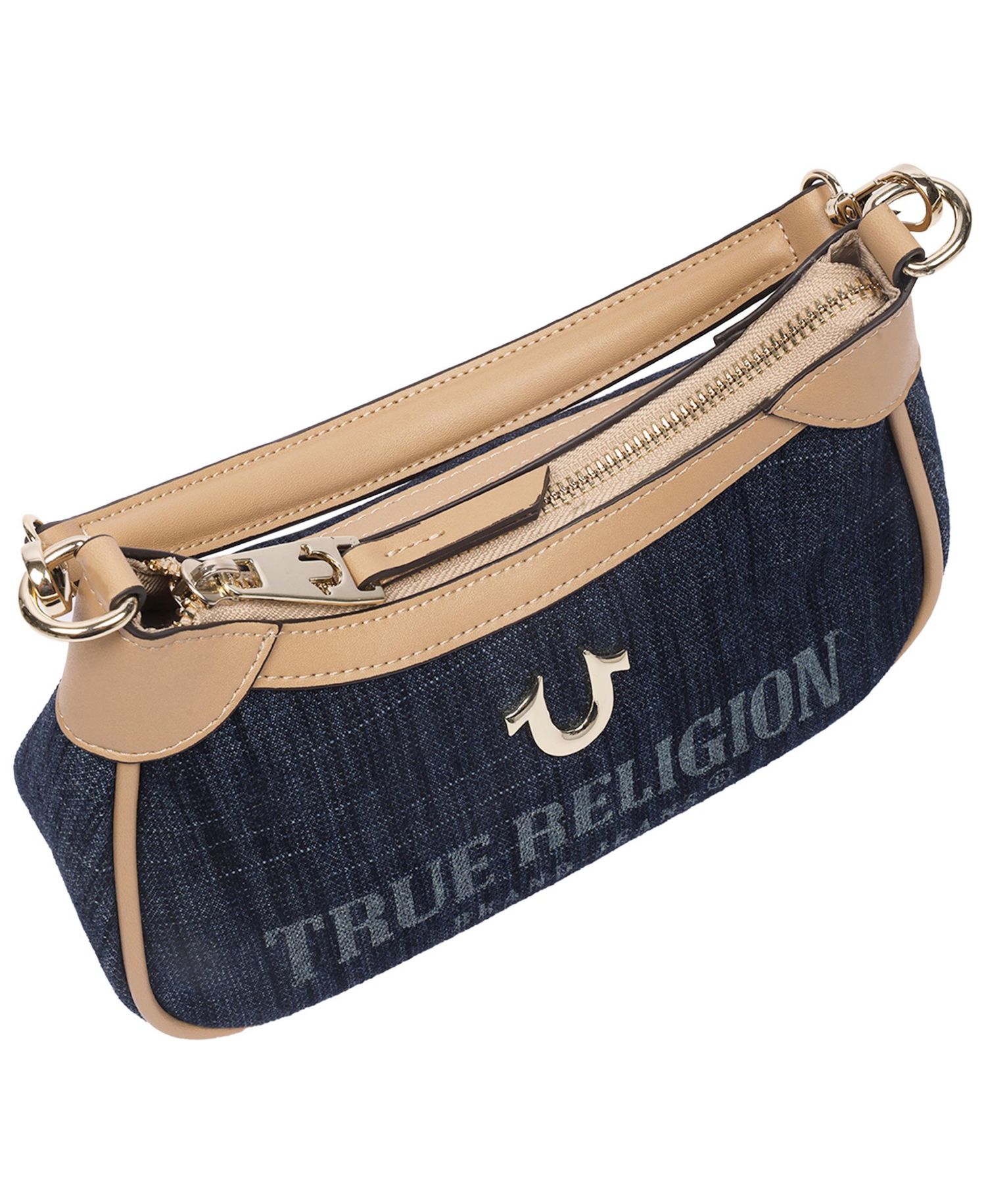 Blair Denim and PU Shoulder Bag Logo Denim Mini Shoulder Bag with Detachable Strap