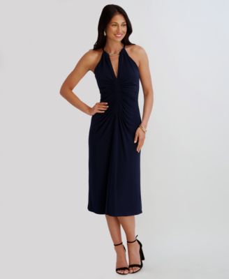 Siena Women's Ruched Halter V-Neck Midi Dress