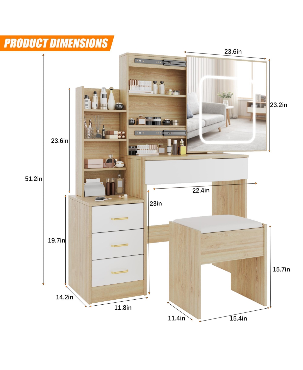 Homfan Modern Vanity Desk with Sliding Led Mirror, 4 Drawers, Power Outlet, Storage Shelves, Adjustable Lighting, Cushioned Stool
