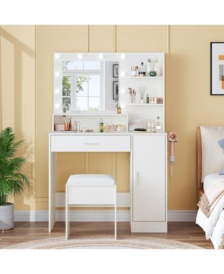 Vanity with Mirror, Three-Level Adjustable Lighting, Drawer Cabinet, Power Outlet and Stool  Compact Design Ideal for Bedrooms and Apartments