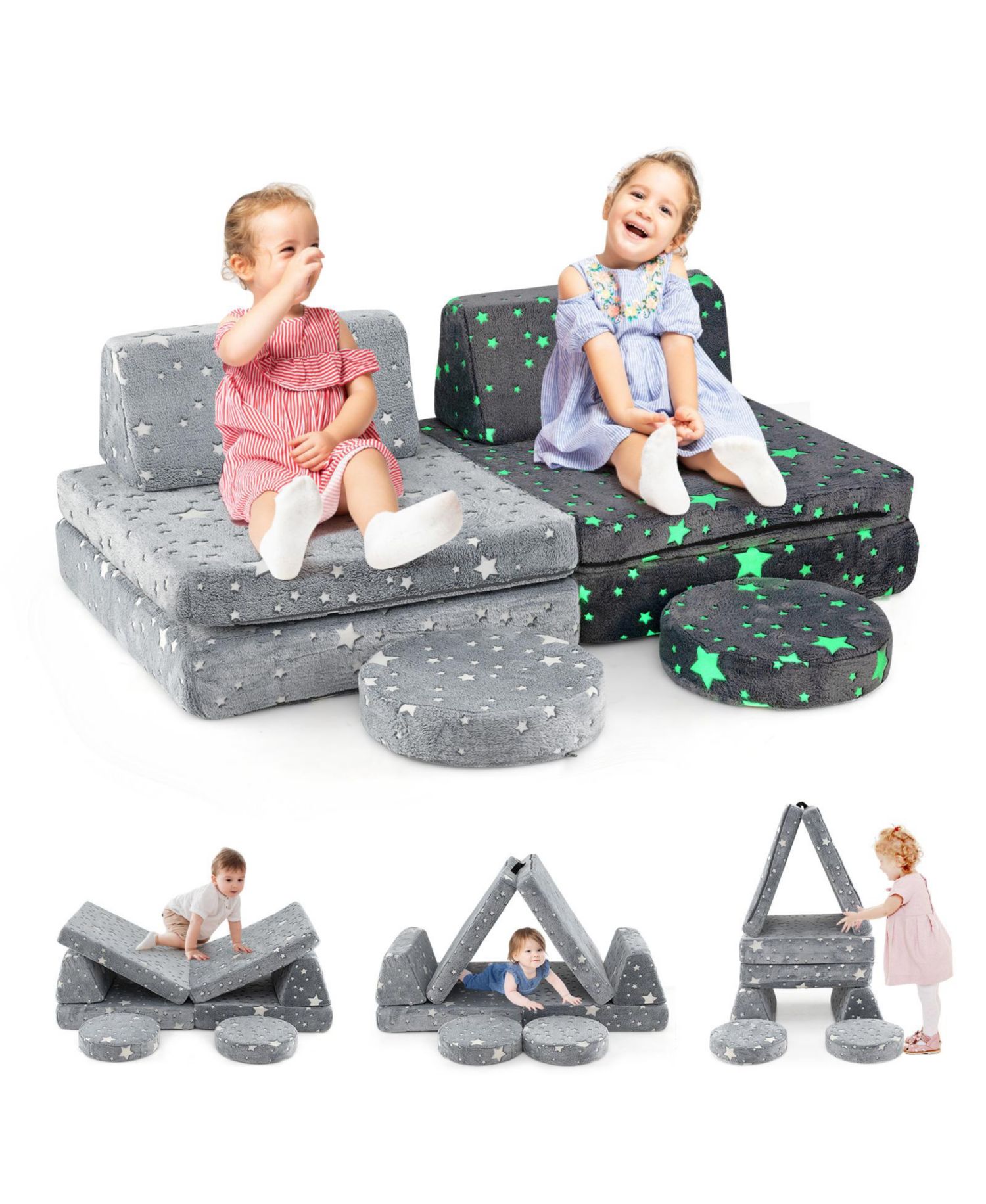 Modular Kids Play Couch Set with Glow-in-the-Dark Pattern and Handles