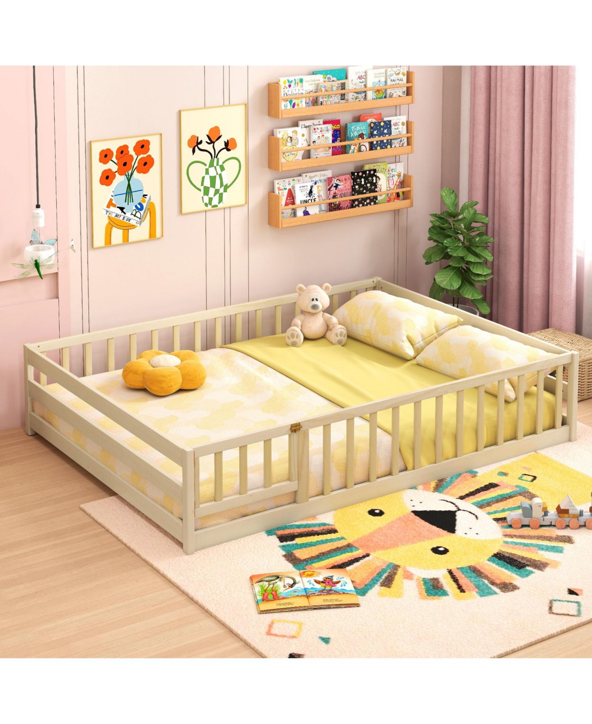 Slickblue Kids Floor Bed with Full Safety Guardrails, Low Height Platform Frame