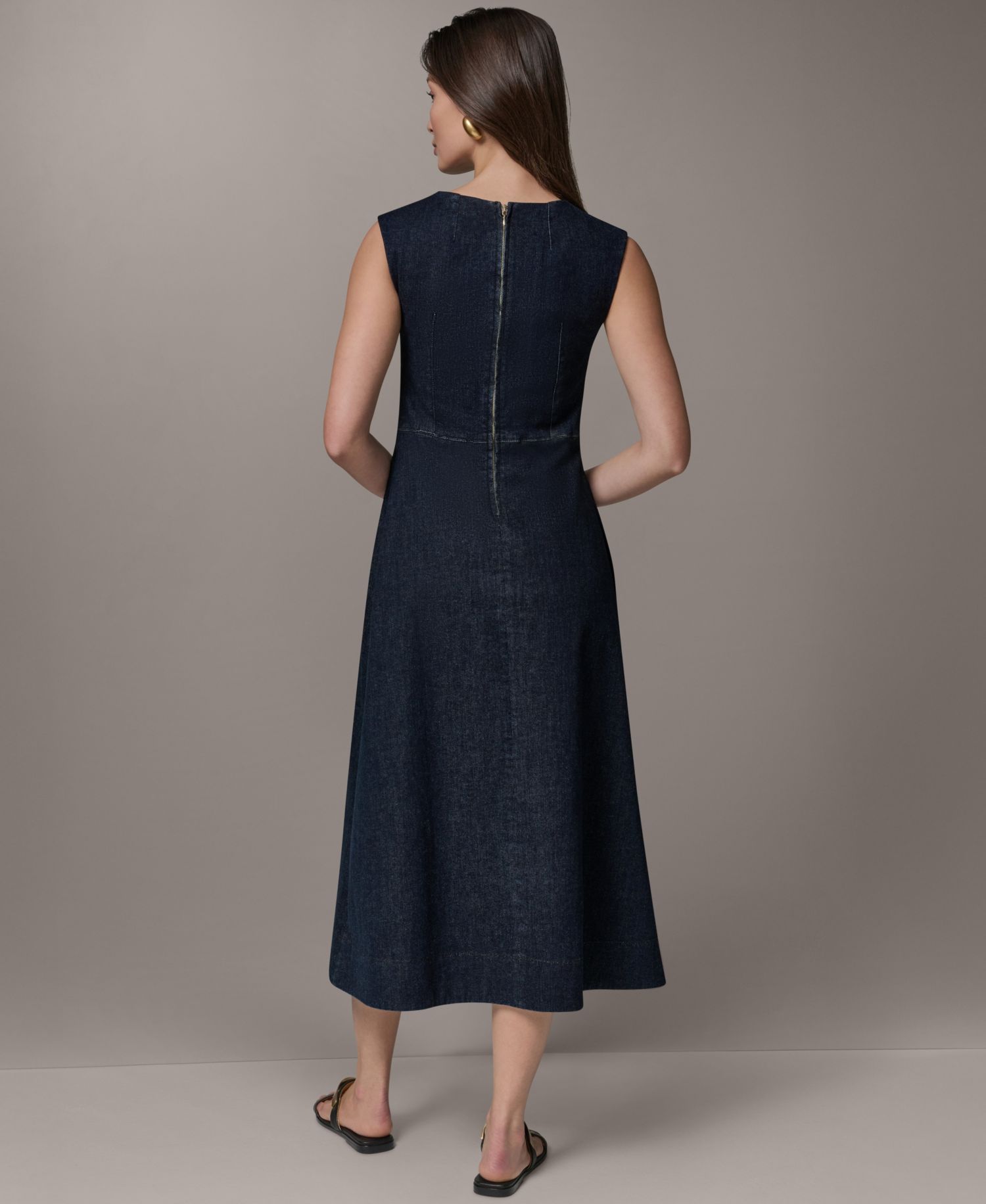 Women's Contrast Color Self-Belted V-Neck Midi Dress