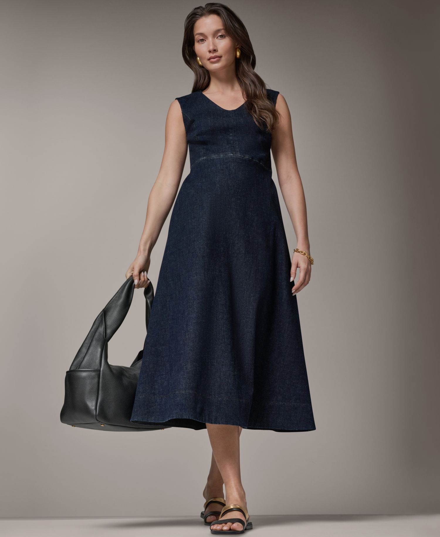Women's Contrast Color Self-Belted V-Neck Midi Dress