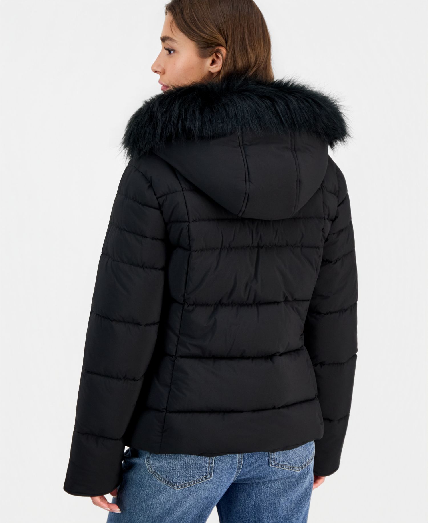 Juniors' Faux-Fur-Trim Hooded Puffer Coat