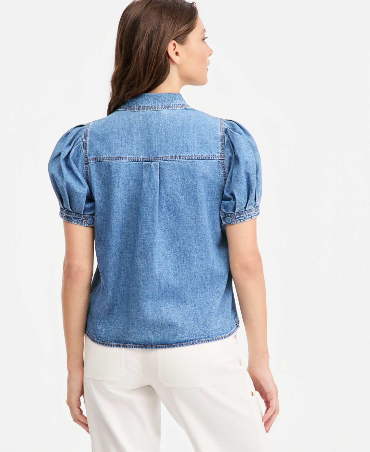 Women's Cotton Puffed-Sleeve Denim Shirt