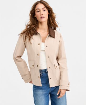 Juniors' Contrast-Collar Snap-Front Barn Jacket