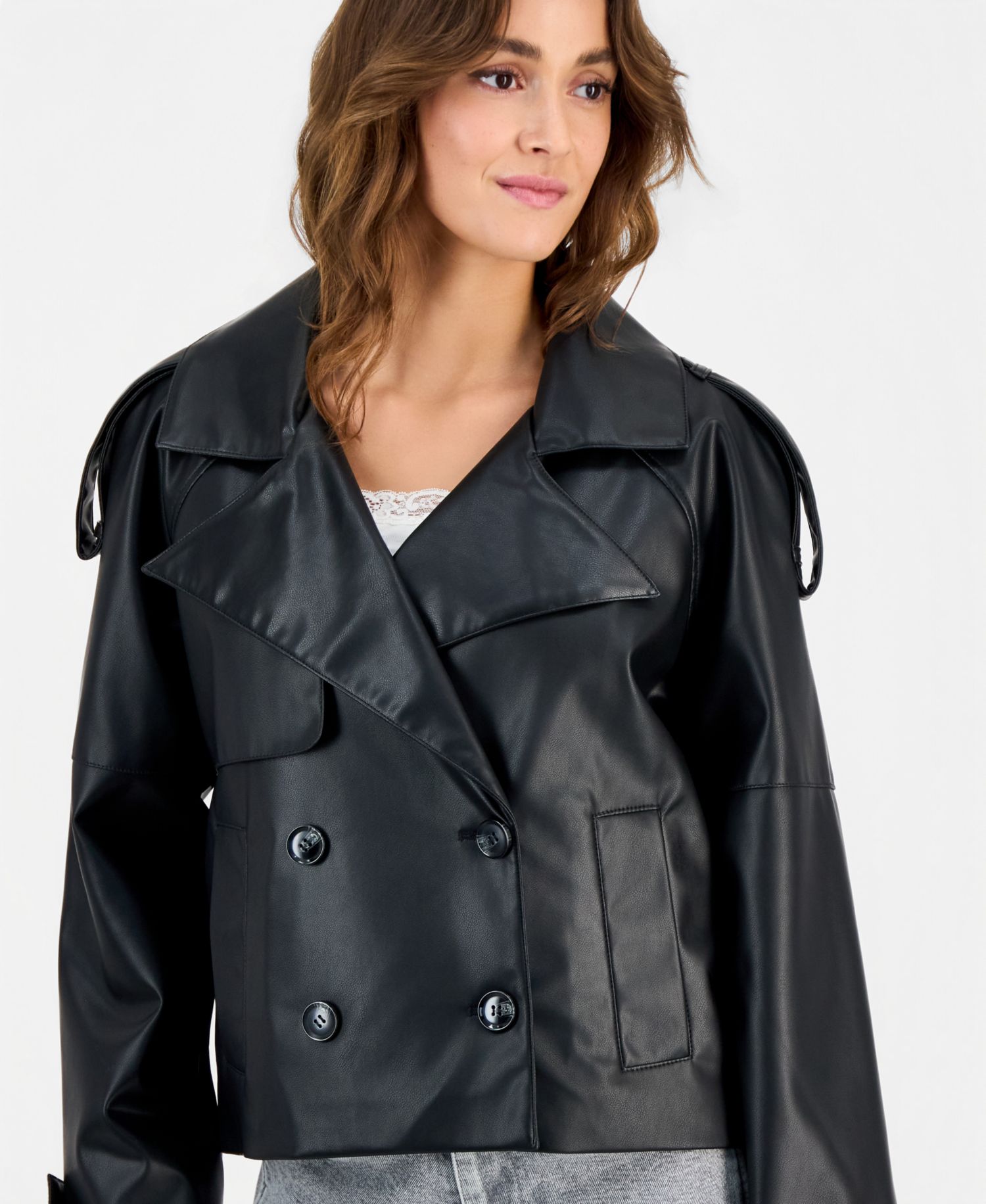Juniors' Cropped Double-Breasted Faux-Leather Trench Coat