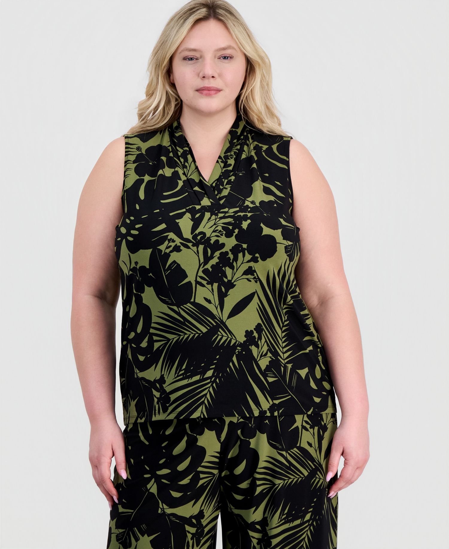 Plus Size Printed Triple-Pleat V-Neck Top