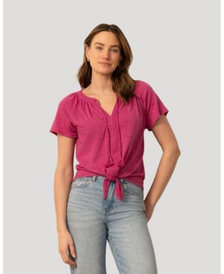 Women's Embroidered Split Neck Tie Top