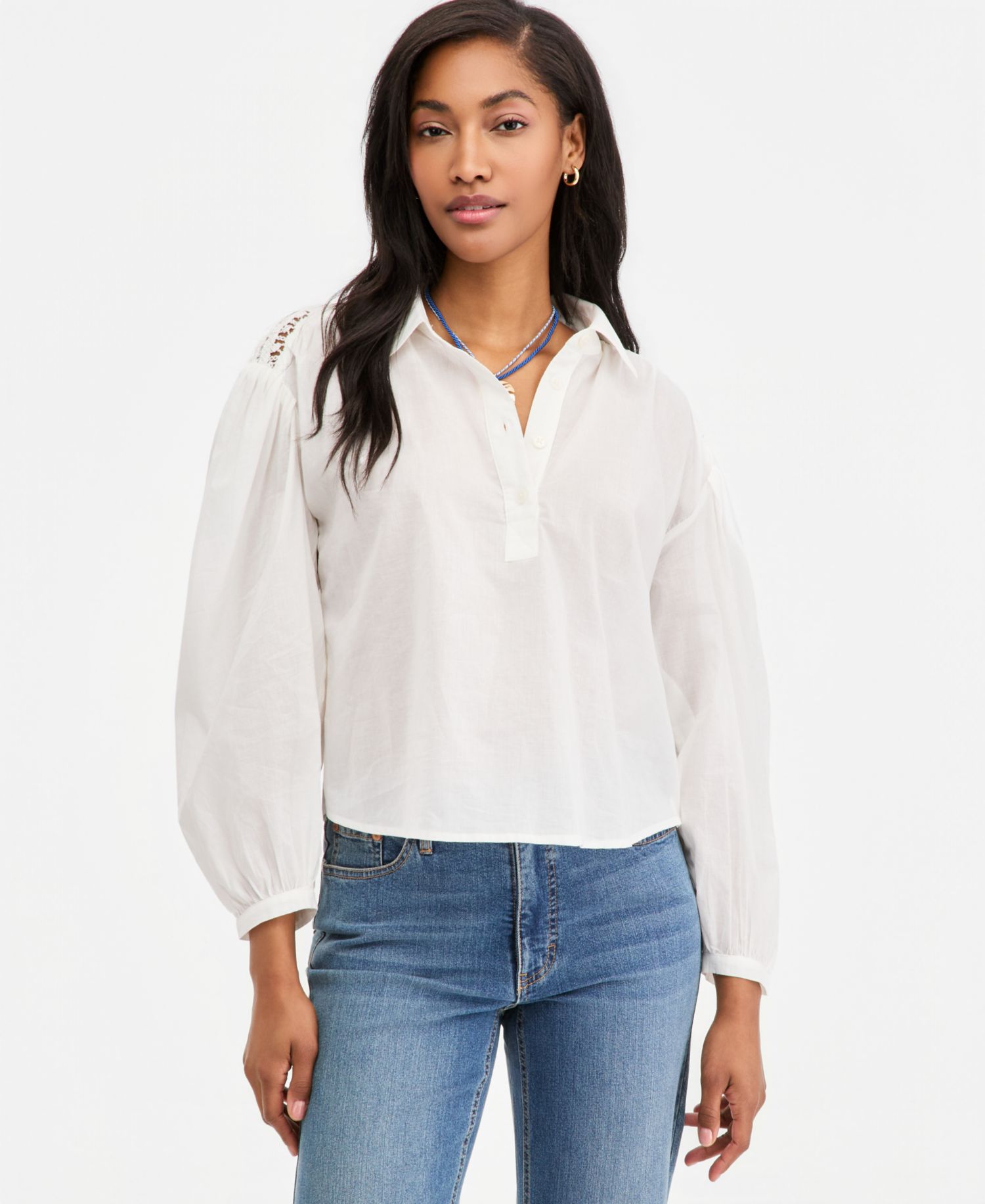 Women's Cotton Crochet Yoke Popover Top