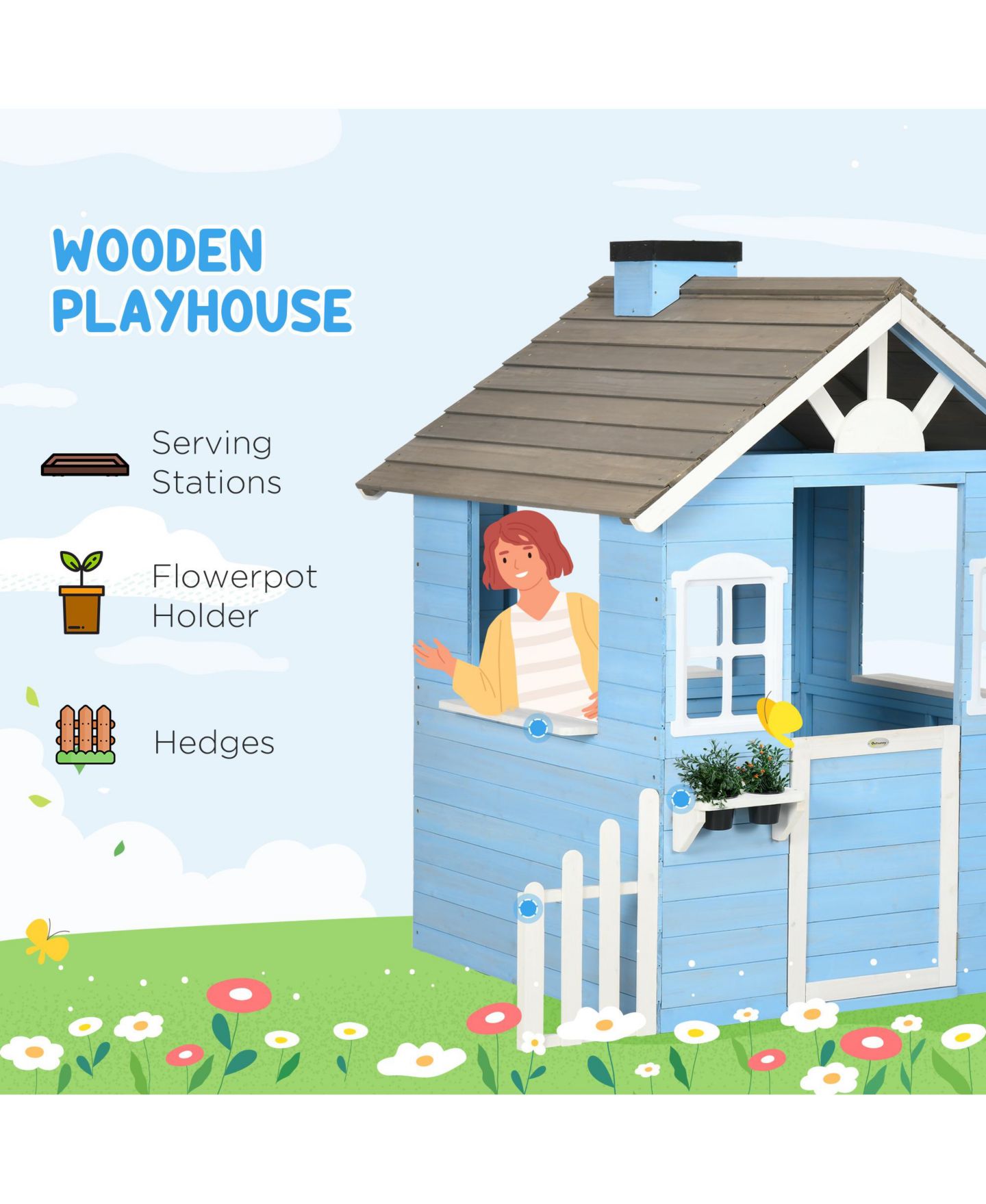 Детская игрушка Outsunny Outdoor Wooden Playhouse with Flower Pot Holders, Ages 3+ — фото 6