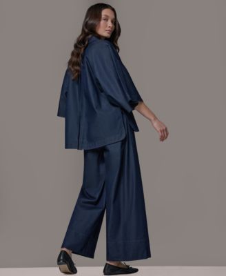 Donna Karan Weekend Womens Bali Dolman Denim Button Down Cotton Shirt Bali Relaxed Beach Pull On Pants