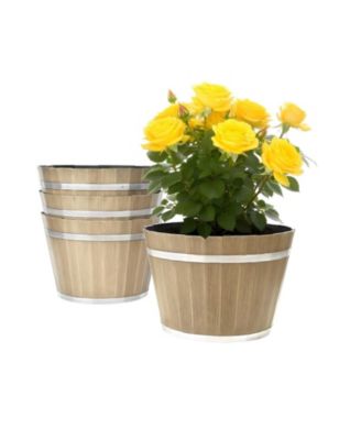 4 Pack Resin Barrel Planters, 11.81 inch Decorative Flower Pots with Drainage Holes