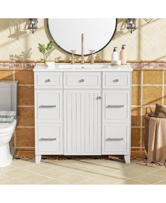 36 Inch Bathroom Vanity with Ceramic Sink, Solid Wood Frame, Ample Storage Drawers and Soft Close Door for Small Spaces
